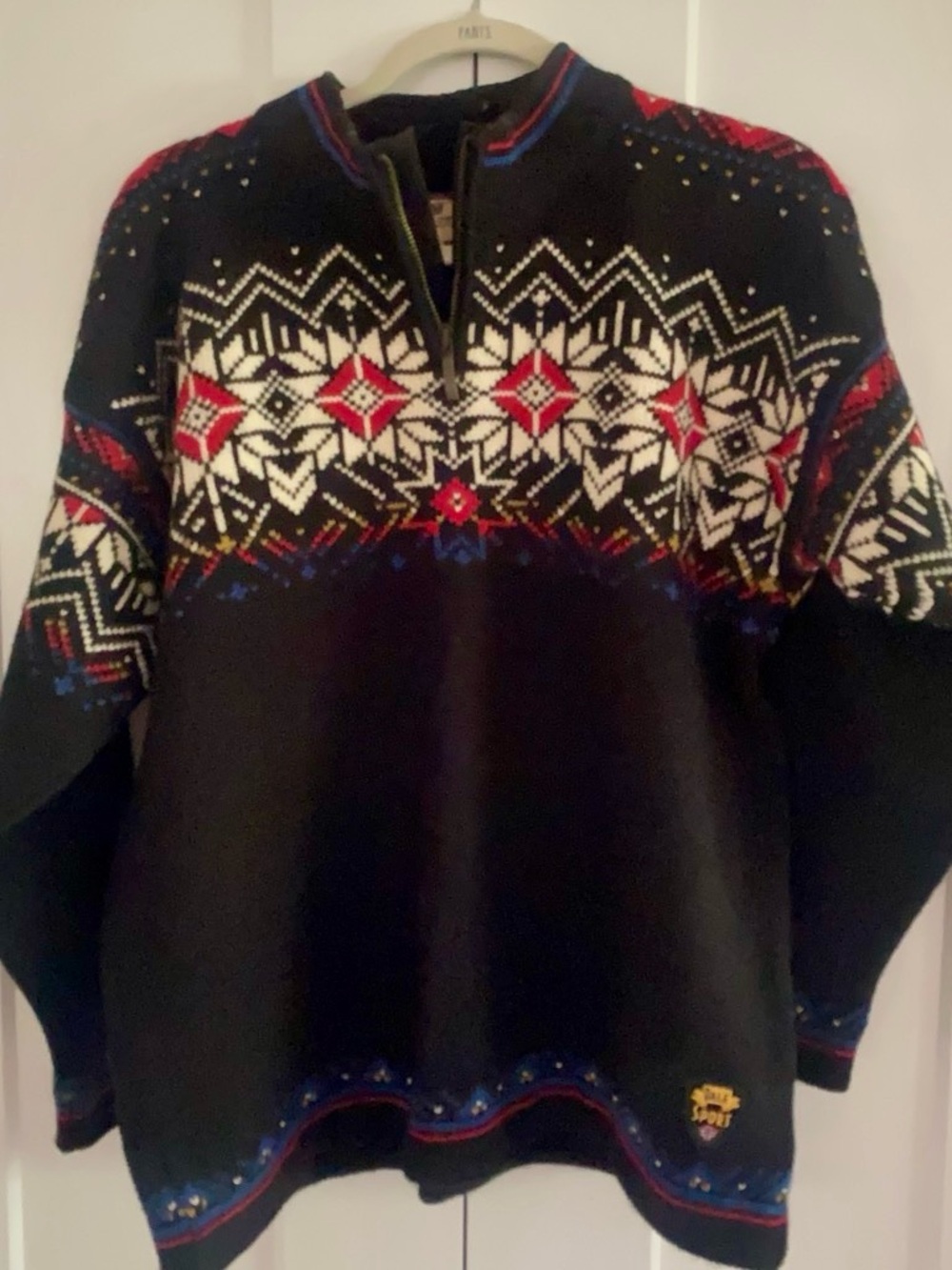Vintage Dale of Norway Black Fair Isle Zip Sweater with Red & White, Accents